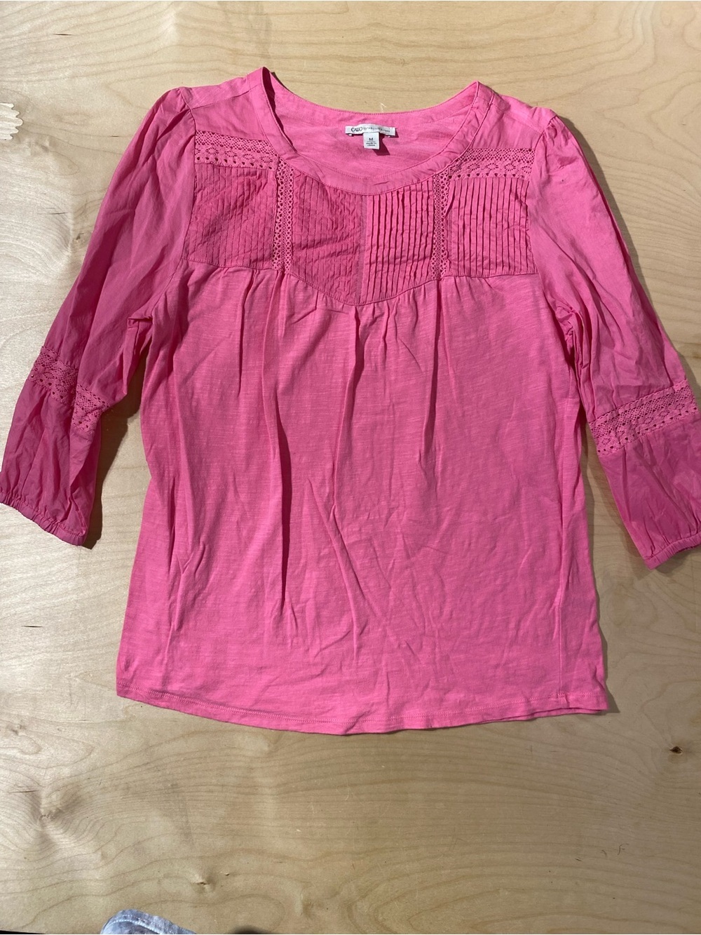 Cato Bright Pink Pintuck & Lace 3/4 Sleeve Blouse Medium (SA)